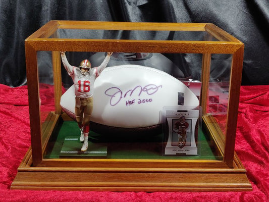 Original Joe Montana 49ers Autographed Football Shadowbox with Card and Figure