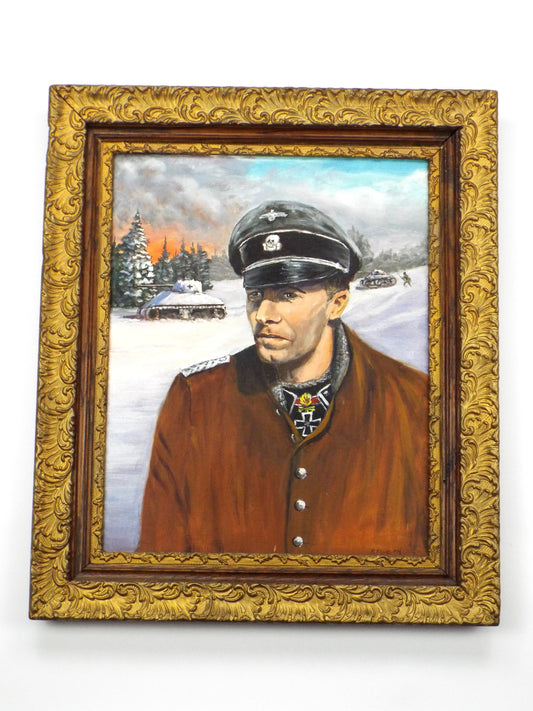Original Oil Painting Of German Panzer Officer Colonel Joachim Peiper in front of German tanks - signed R. Klug - Post WWII