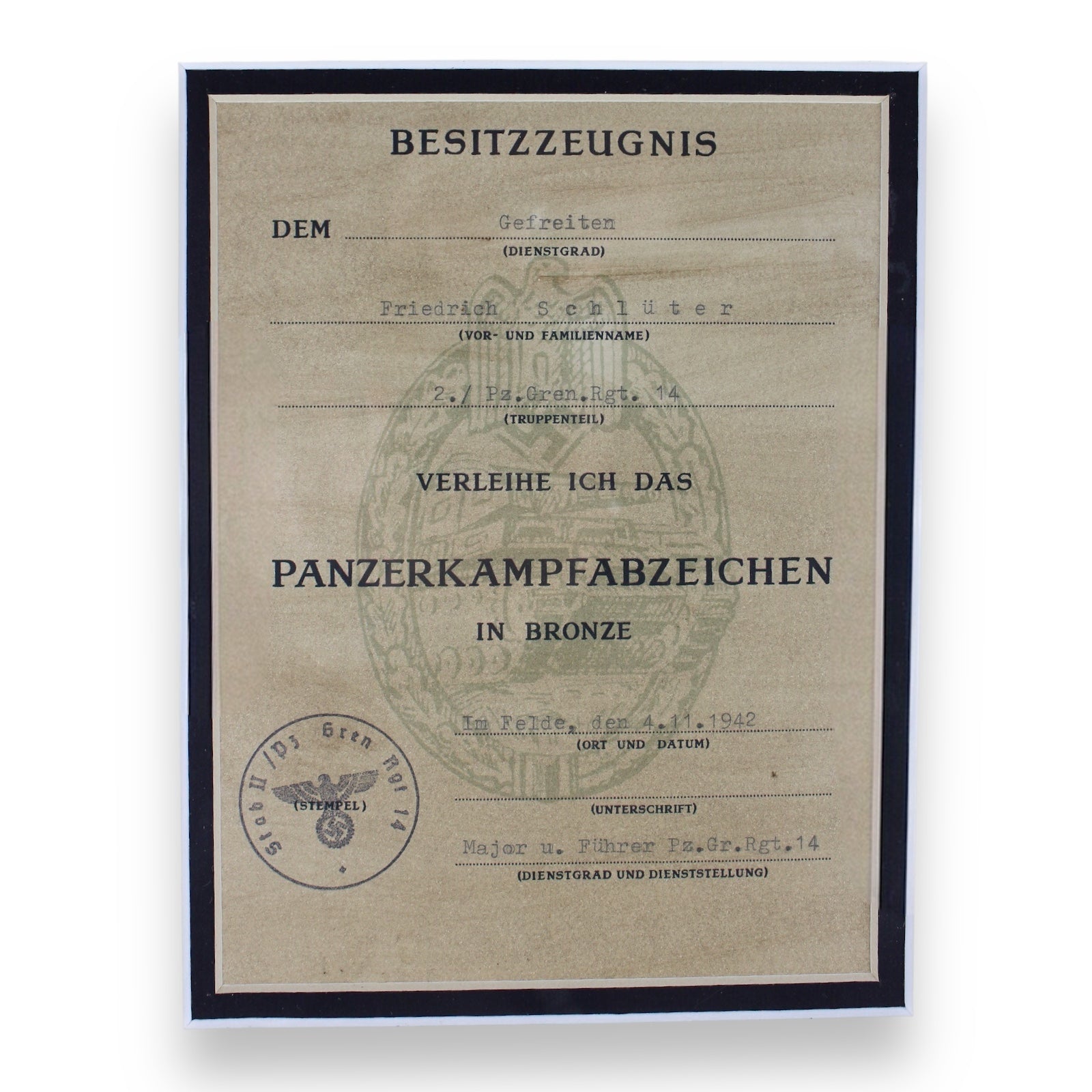 Panzer Tank Combat Badge in Bronze w/ Award Document Framed and Matted