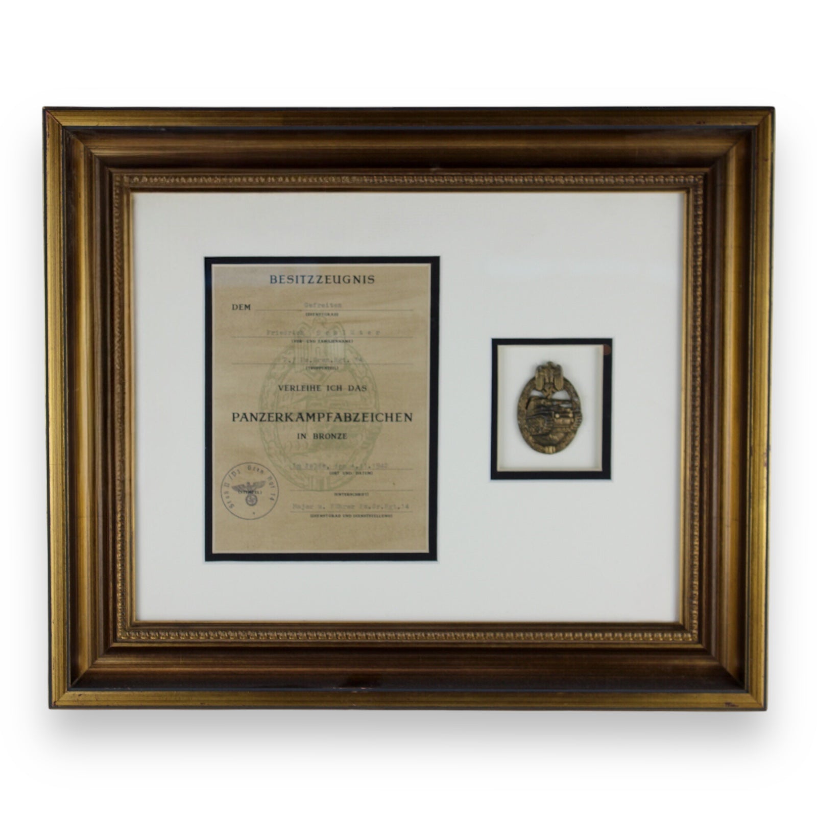 Panzer Tank Combat Badge in Bronze w/ Award Document Framed and Matted