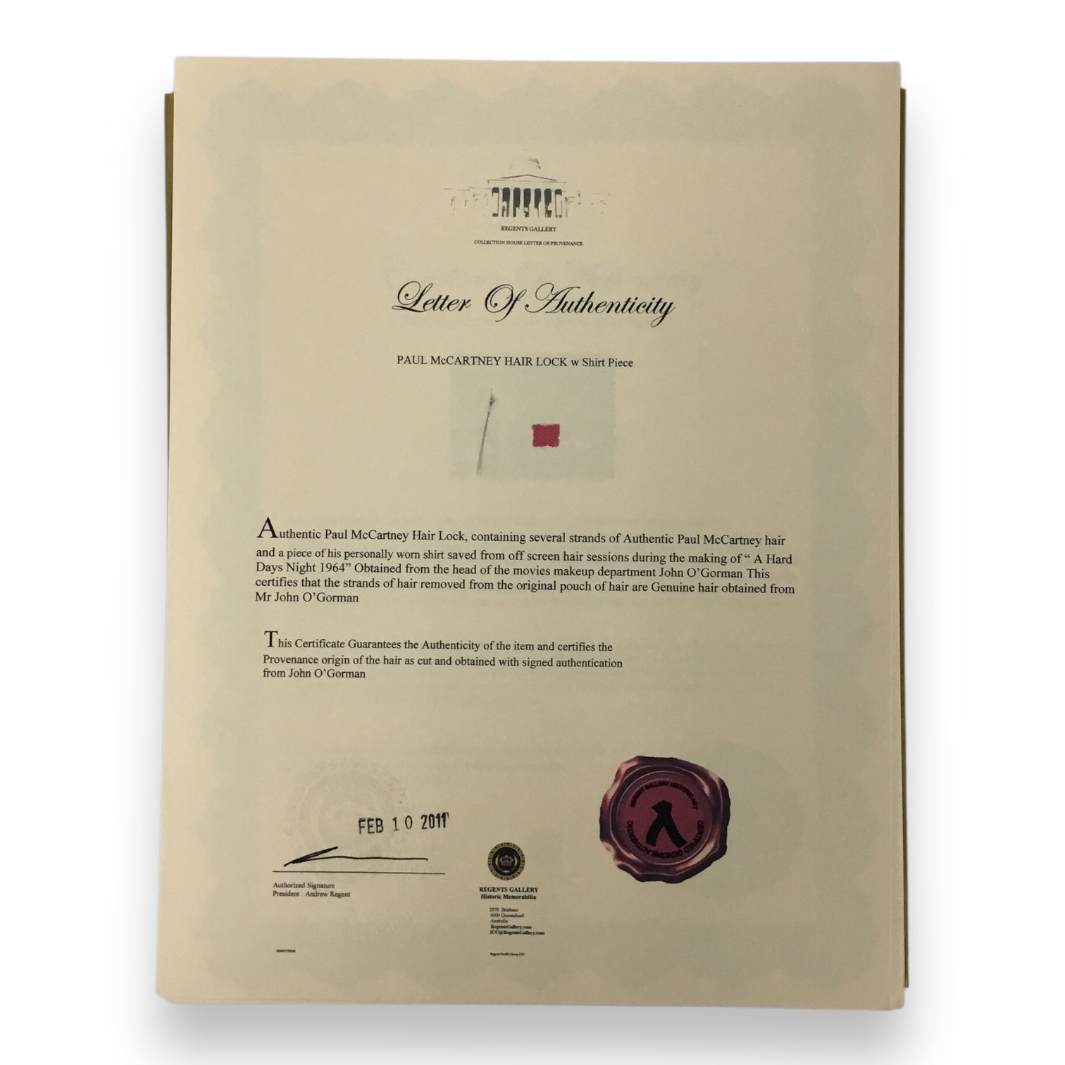 Paul McCartney Display Hair Lock & Shirt Piece with Certificate of Authenticity