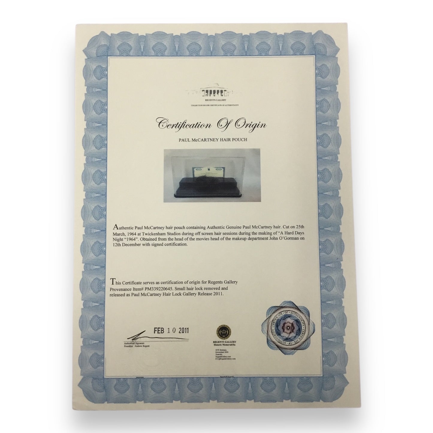 Paul McCartney Display Hair Lock & Shirt Piece with Certificate of Authenticity