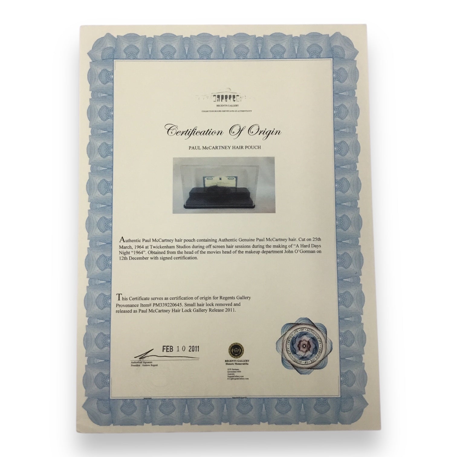 Paul McCartney Display Hair Lock & Shirt Piece with Certificate of Authenticity