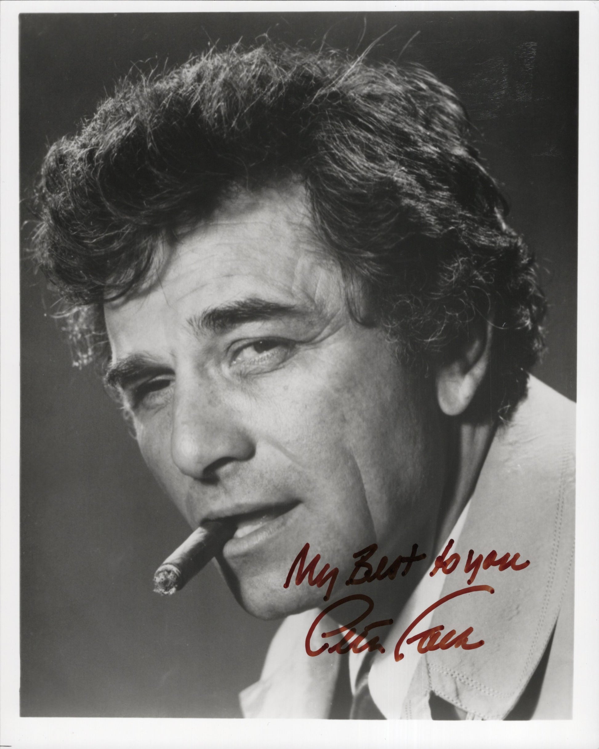 Peter Falk Signed Photo 8x10 B&W Personalized "My Best to you", Peter Falk Autograph as Columbo with Cigar
