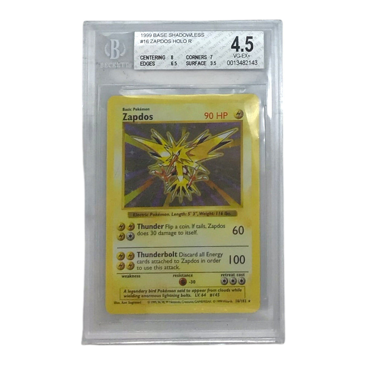 Pokemon 1999 Base Shadowless #16 Zapdos Holo R - Beckett Graded 4.5