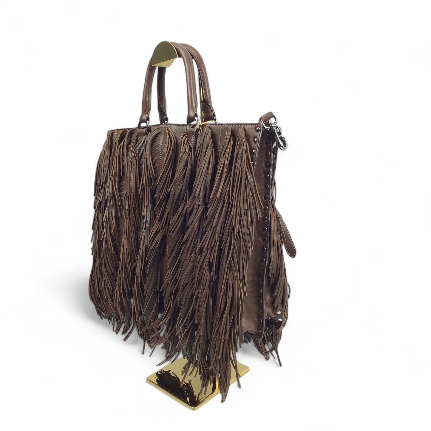 Prada Brown Napa Fringe Tote with Silver Studs and Detachable Strap