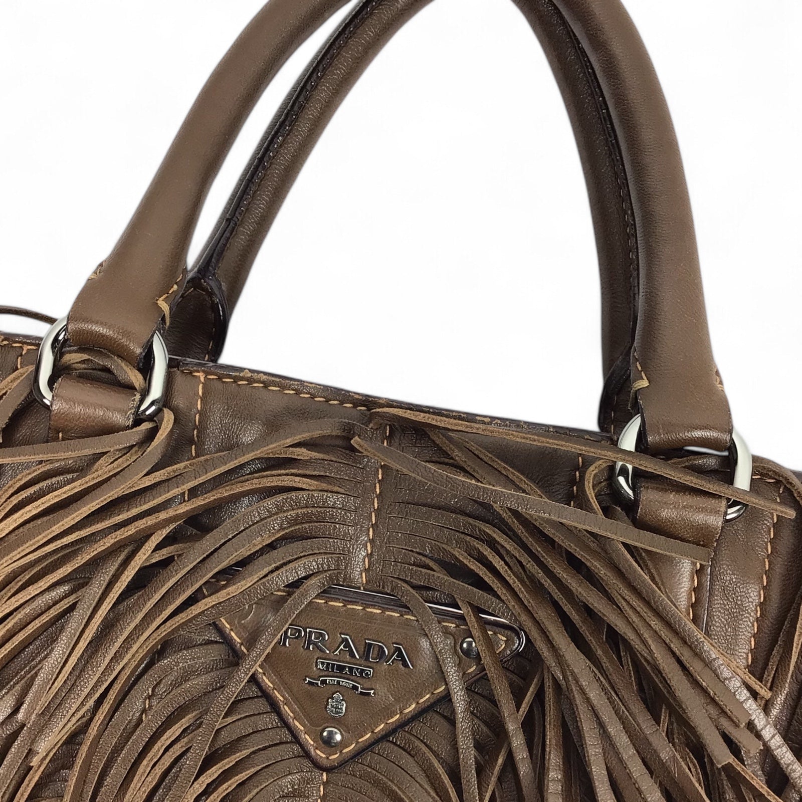 Prada Brown Napa Fringe Tote with Silver Studs and Detachable Strap