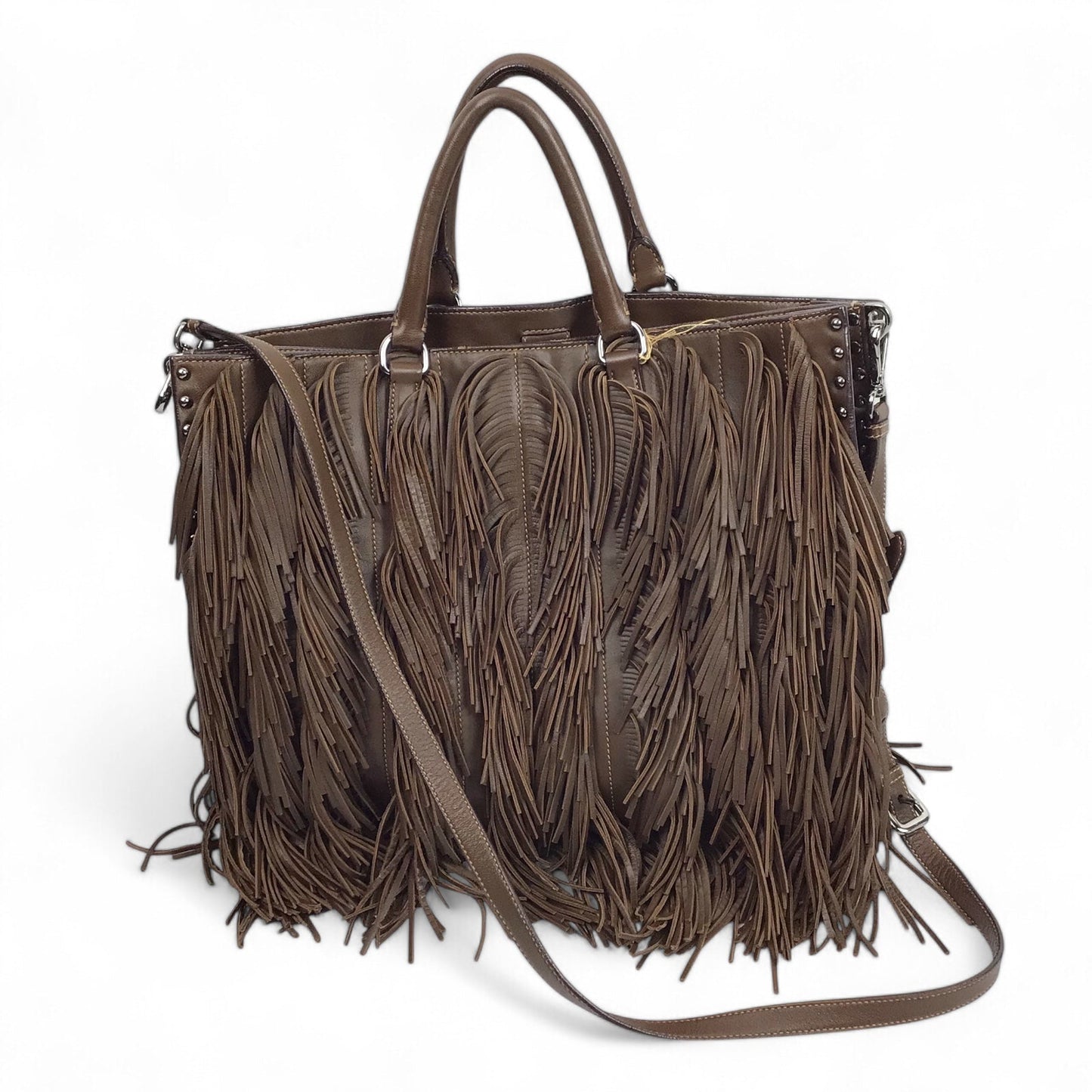 Prada Brown Napa Fringe Tote with Silver Studs and Detachable Strap