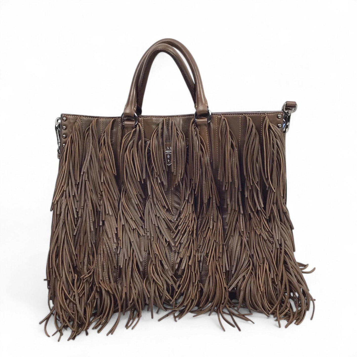 Prada Brown Napa Fringe Tote with Silver Studs and Detachable Strap