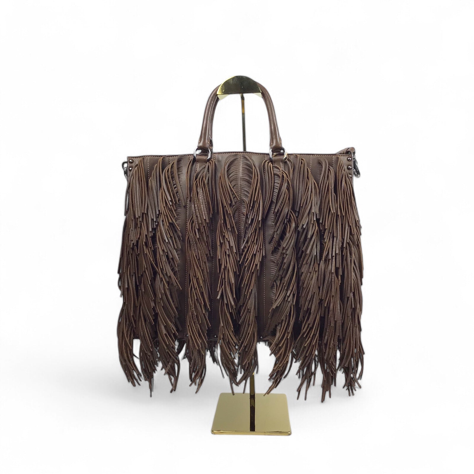 Prada Brown Napa Fringe Tote with Silver Studs and Detachable Strap