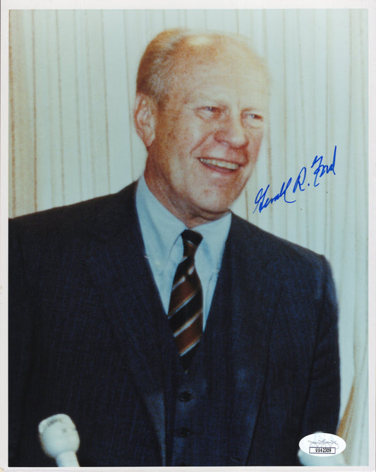 President Gerald Ford Signed Photo 8x10 in Blue Suit Laughing JSA & PSA Certified