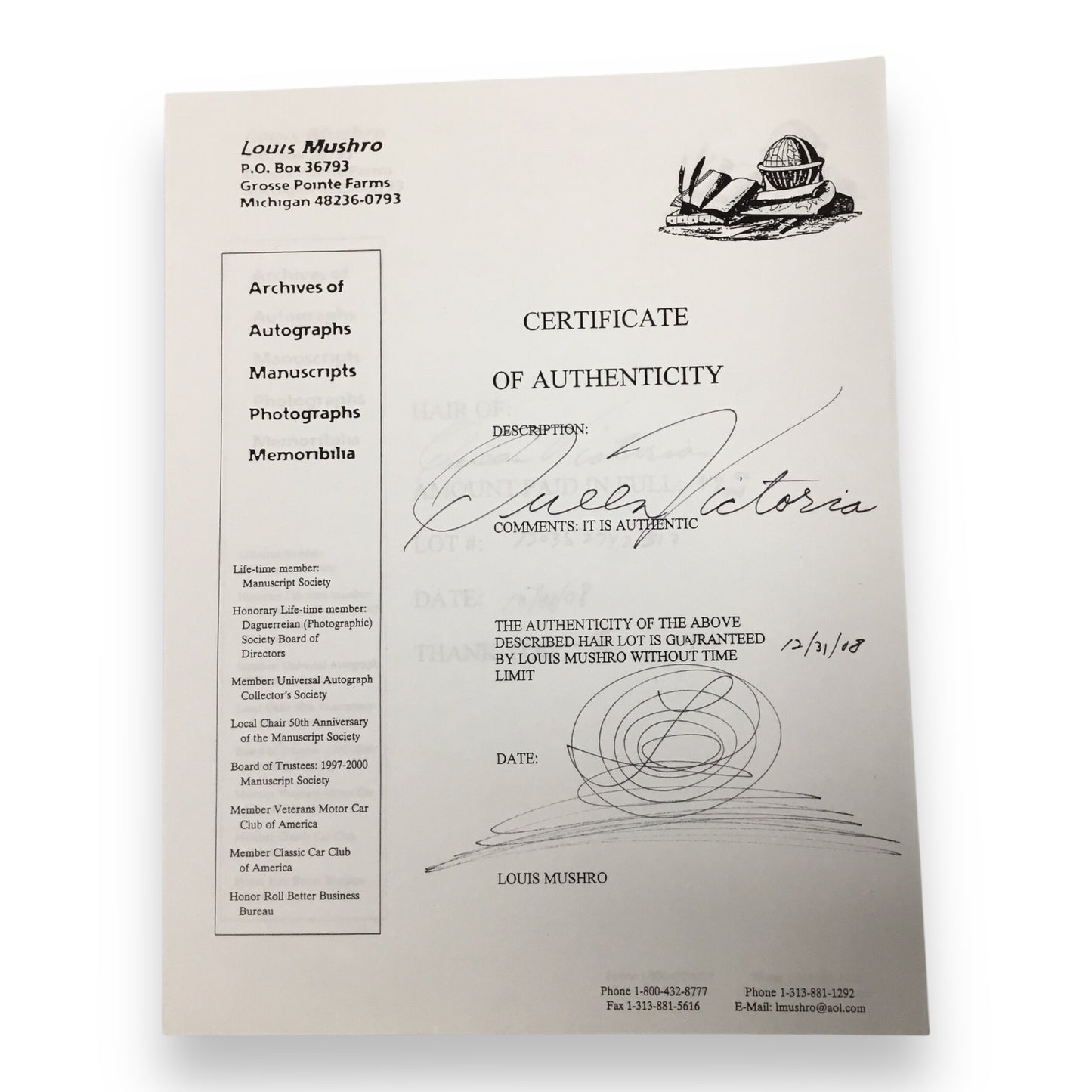 Queen Victoria Hair Clipping with Certificate of Authenticity