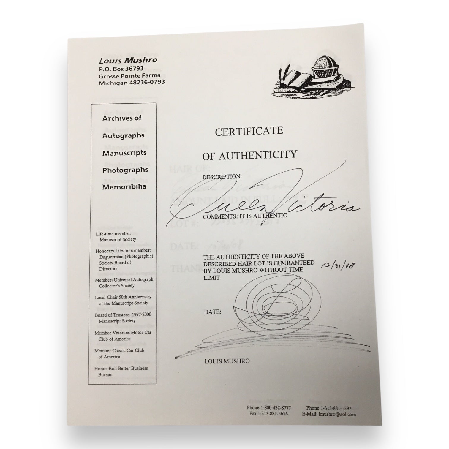 Queen Victoria Hair Clipping with Certificate of Authenticity