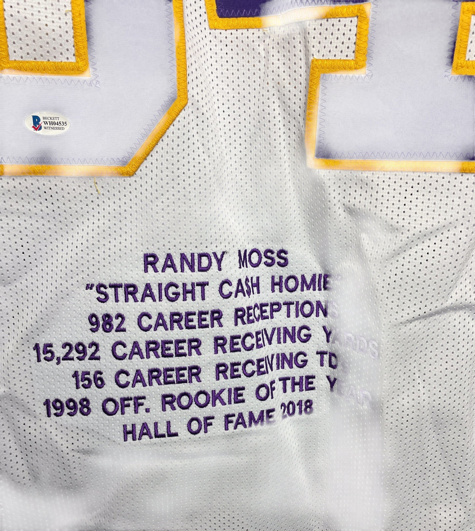 Randy Moss Signed Minnesota Viking Career Highlight Stat Jersey (Beckett Cert)