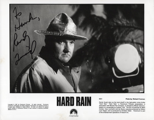 Randy Quaid Signed Photo 8x10 B&W in Hard Rain, Personalized "To Hank"