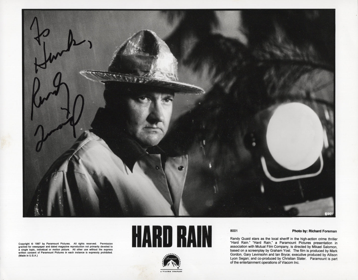 Randy Quaid in Hard Rain Signed Movie Promo 8x10 B&W, Personalized "To Hank"