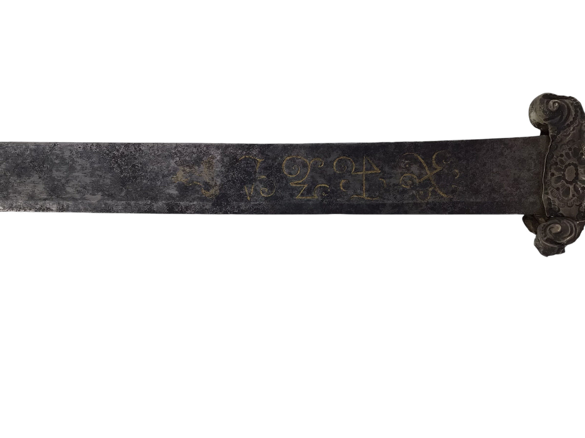 Rare American Revolutionary Era French Cuttoe Hunting Sword with Silver Mounts and Gold Inlaid Blade