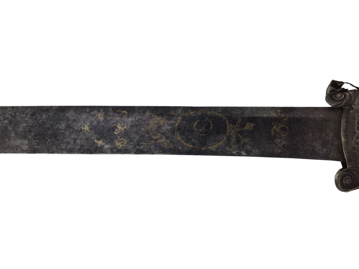 Rare American Revolutionary Era French Cuttoe Hunting Sword with Silver Mounts and Gold Inlaid Blade