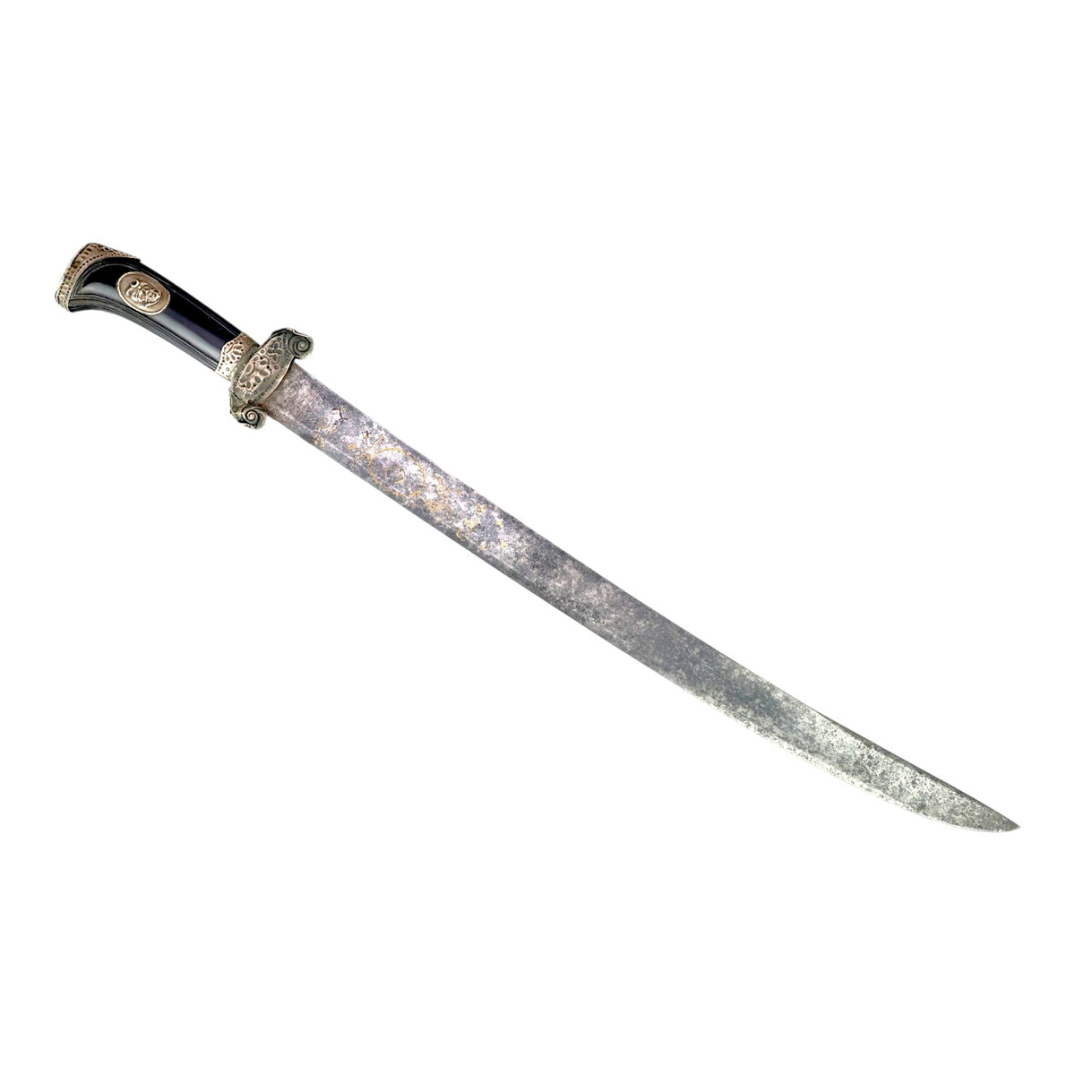 Rare American Revolutionary Era French Cuttoe Hunting Sword with Silver Mounts and Gold Inlaid Blade