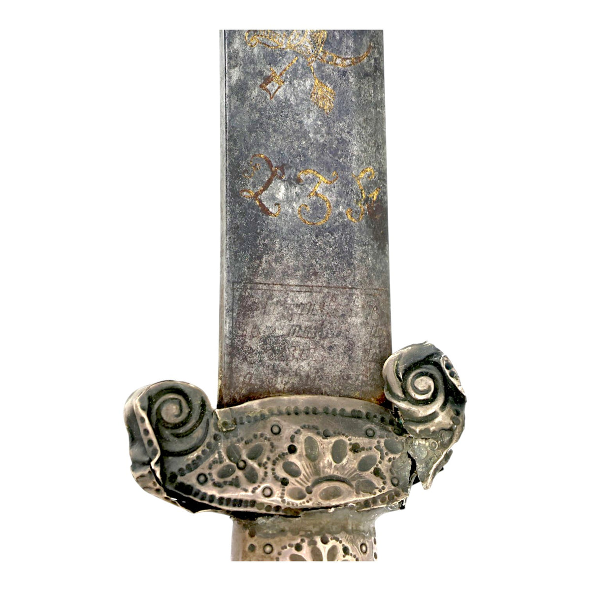 Rare American Revolutionary Era French Cuttoe Hunting Sword with Silver Mounts and Gold Inlaid Blade