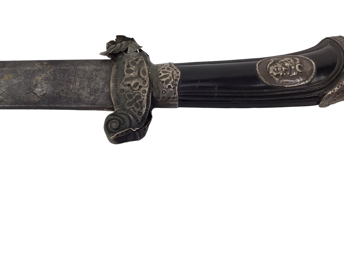 Rare American Revolutionary Era French Cuttoe Hunting Sword with Silver Mounts and Gold Inlaid Blade