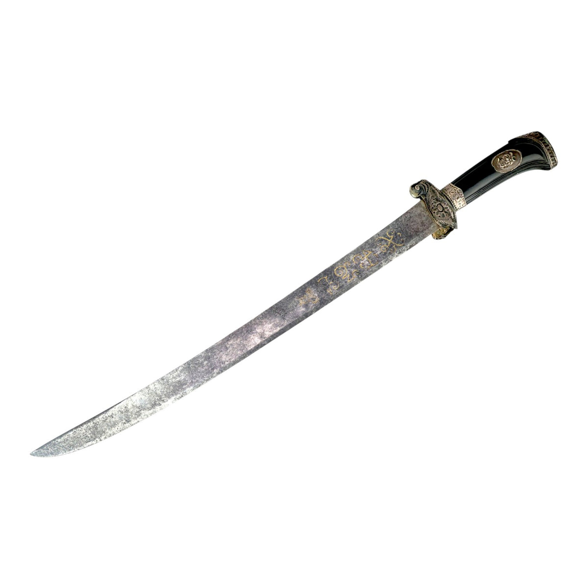 Rare American Revolutionary Era French Cuttoe Hunting Sword with Silver Mounts and Gold Inlaid Blade