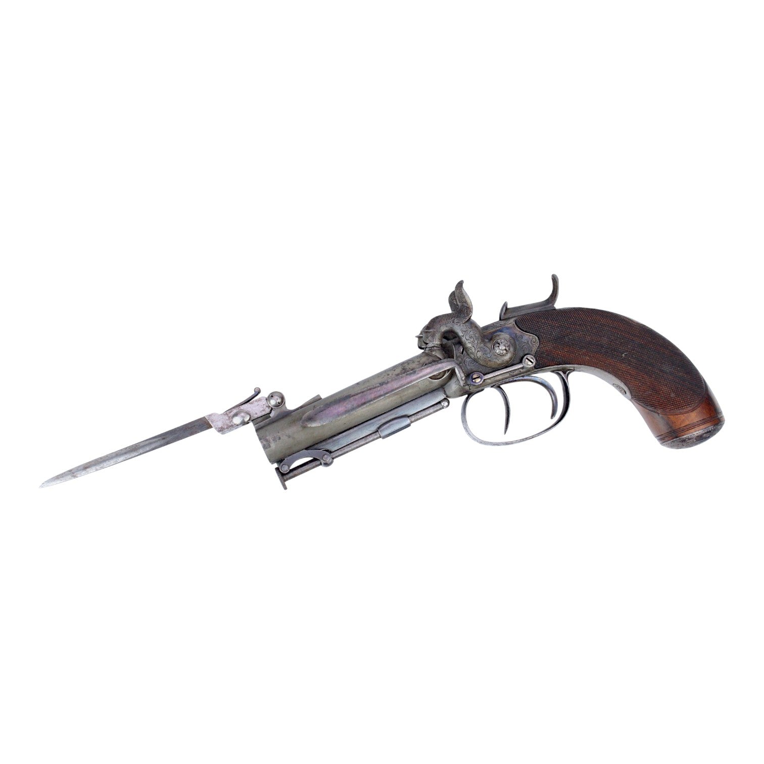Rare British Percussion Double Barrel Knife Pistol, London c.1850