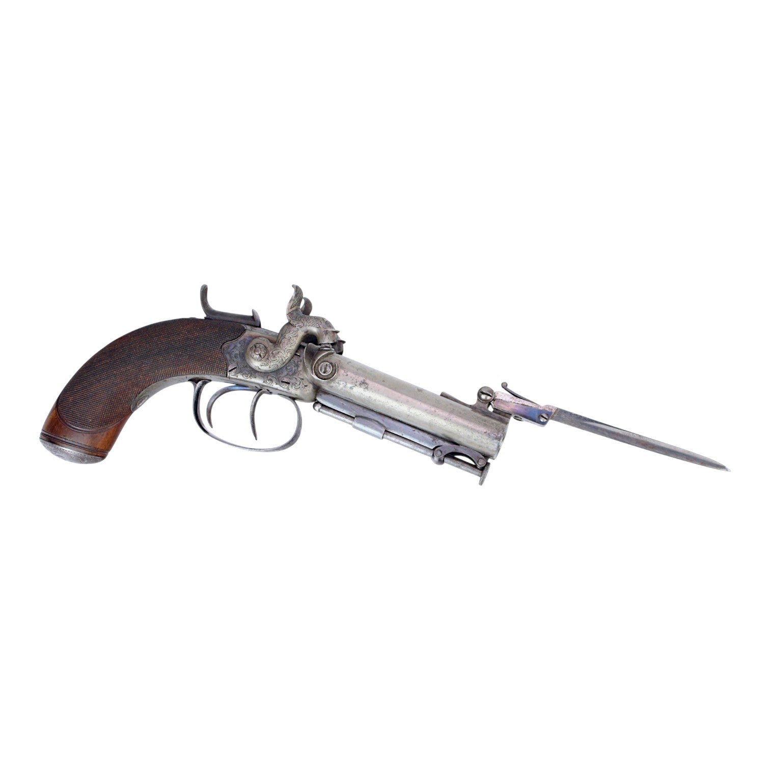 Rare British Percussion Double Barrel Knife Pistol, London c.1850