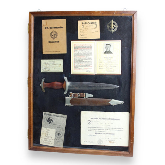 Rare German WW2 Early War Grouping SA Dagger w/ documents and Badge