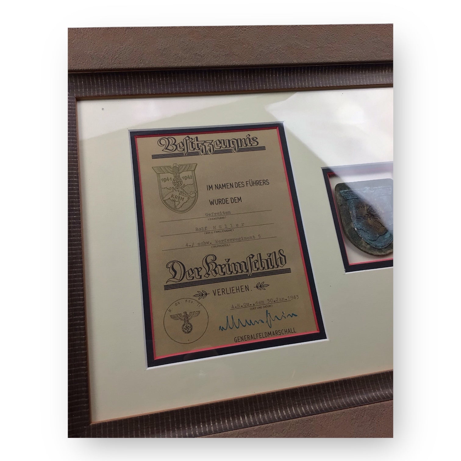 Rare German WW2 Krim Shield with Award Doc - Nebelwerfer Regiment