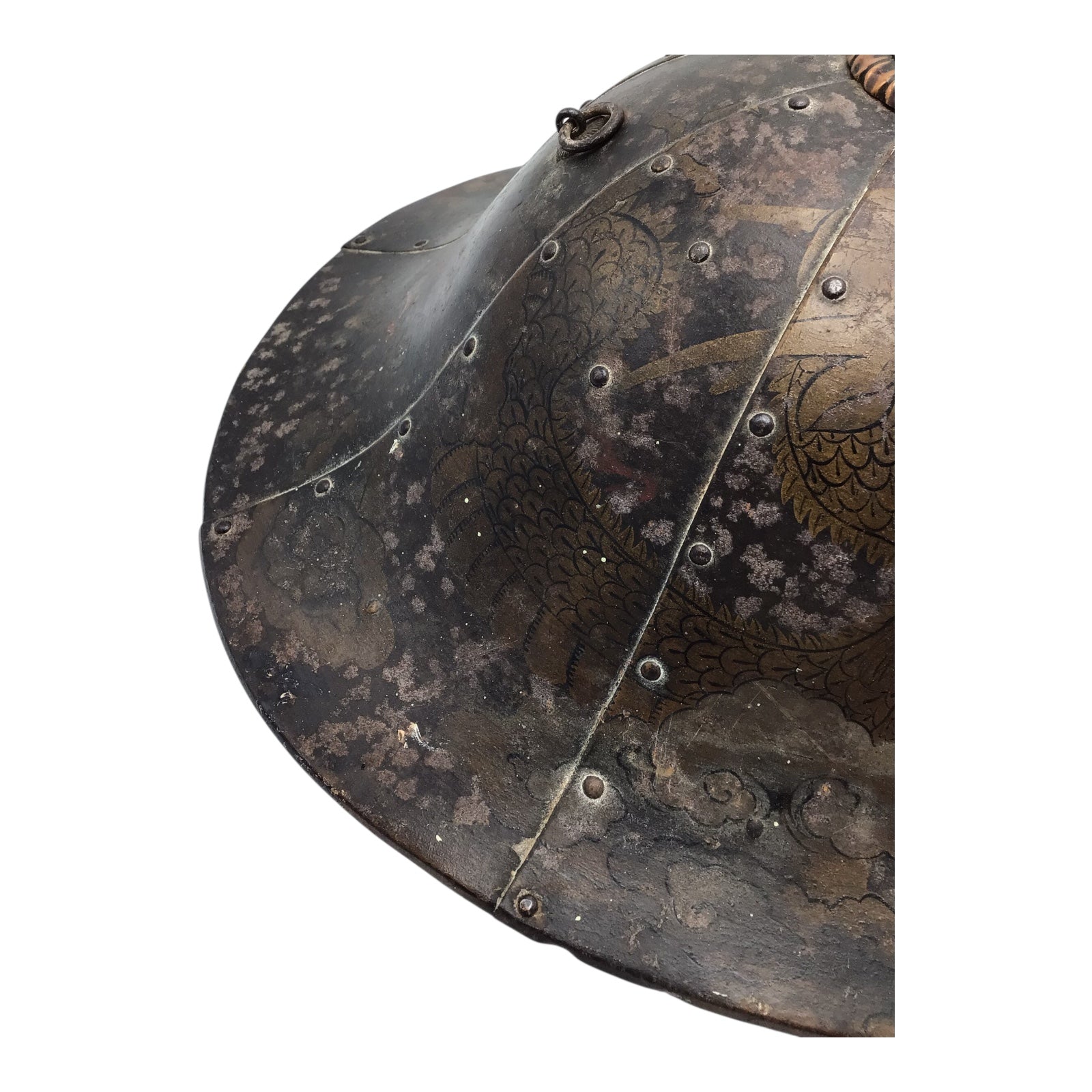 Rare Japanese Early Edo Period Samurai Jingasa Kabuto Hat with Hand Painted Detail