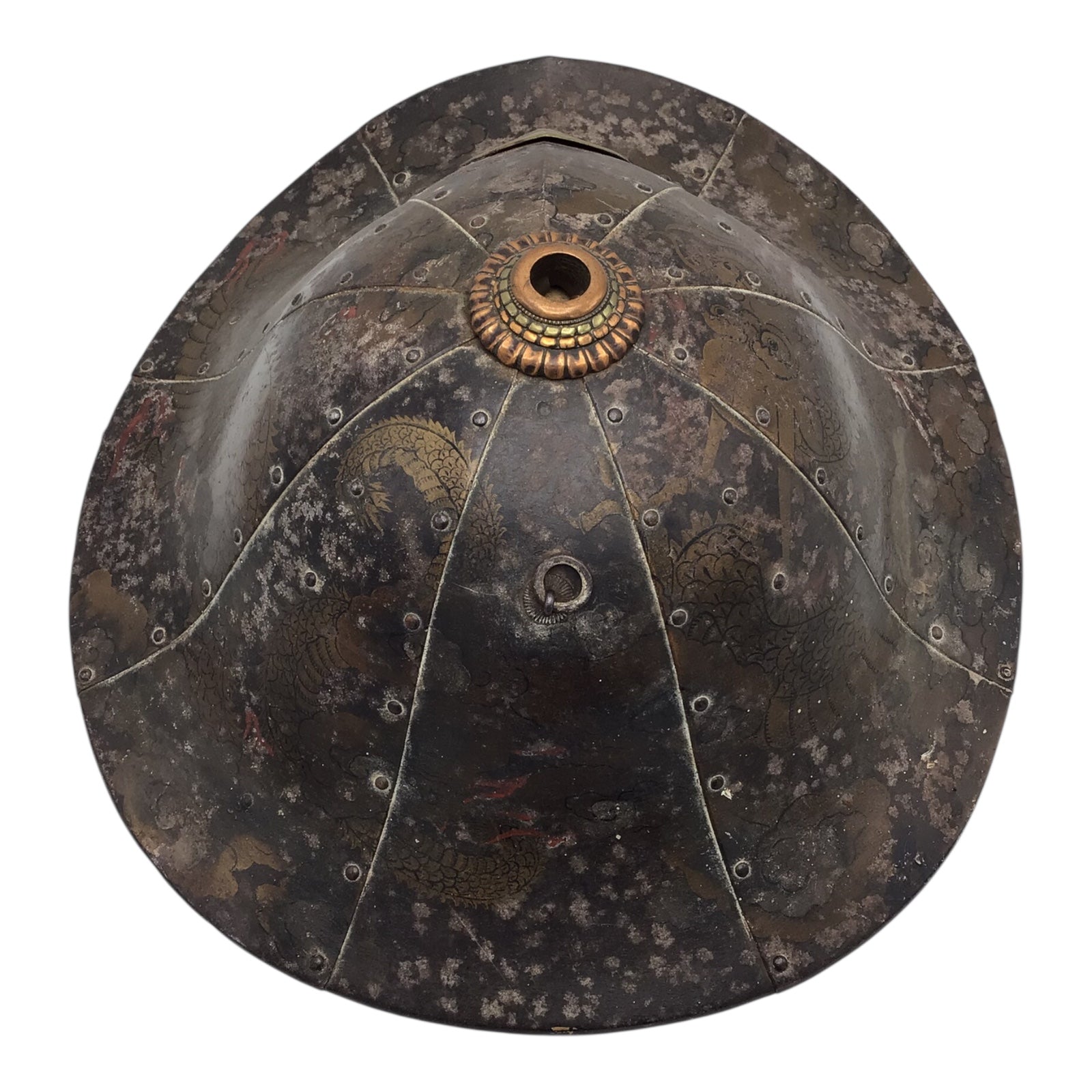 Rare Japanese Early Edo Period Samurai Jingasa Kabuto Hat with Hand Painted Detail