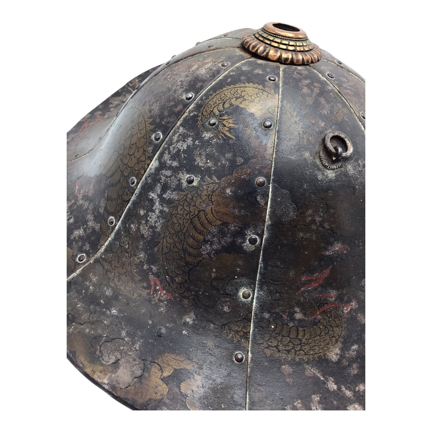 Rare Japanese Early Edo Period Samurai Jingasa Kabuto Hat with Hand Painted Detail