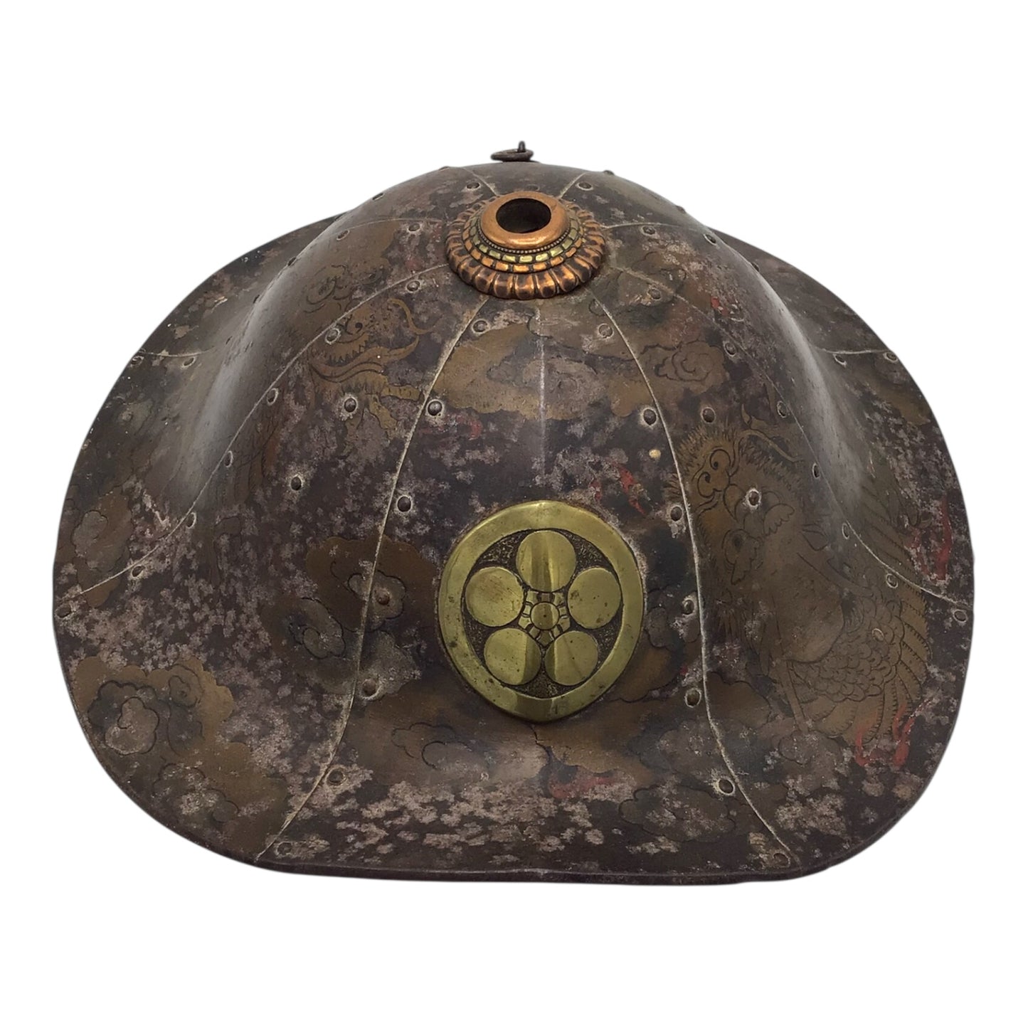 Rare Japanese Early Edo Period Samurai Jingasa Kabuto Hat with Hand Painted Detail