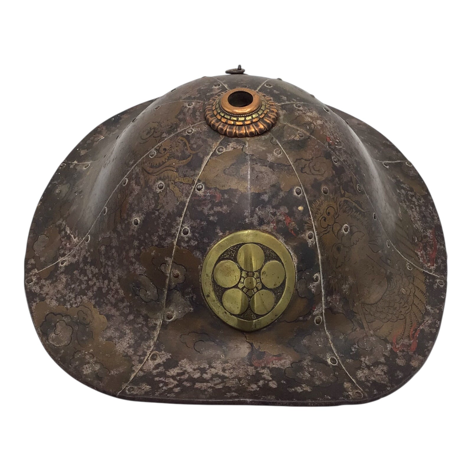 Rare Japanese Early Edo Period Samurai Jingasa Kabuto Hat with Hand Painted Detail