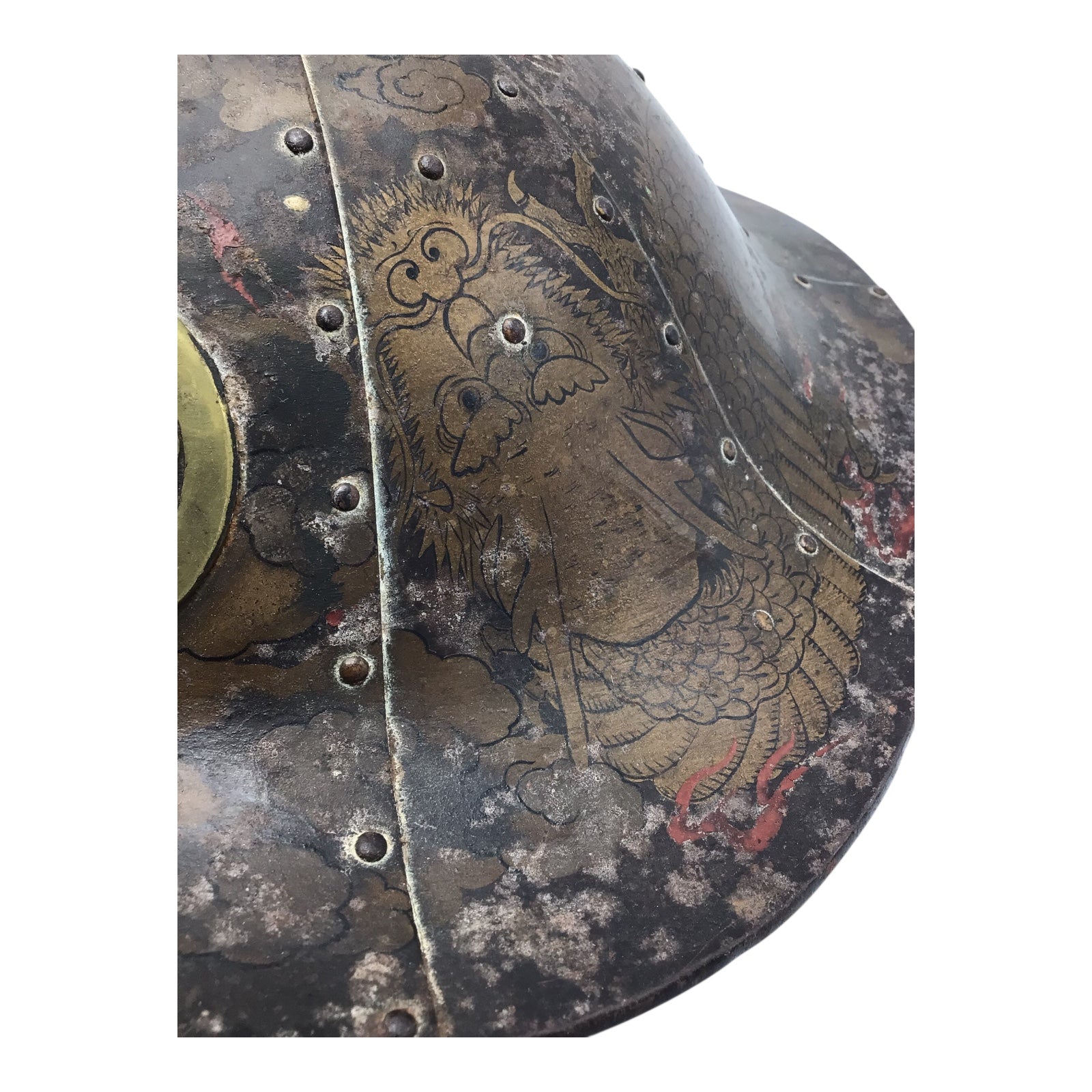 Rare Japanese Early Edo Period Samurai Jingasa Kabuto Hat with Hand Painted Detail