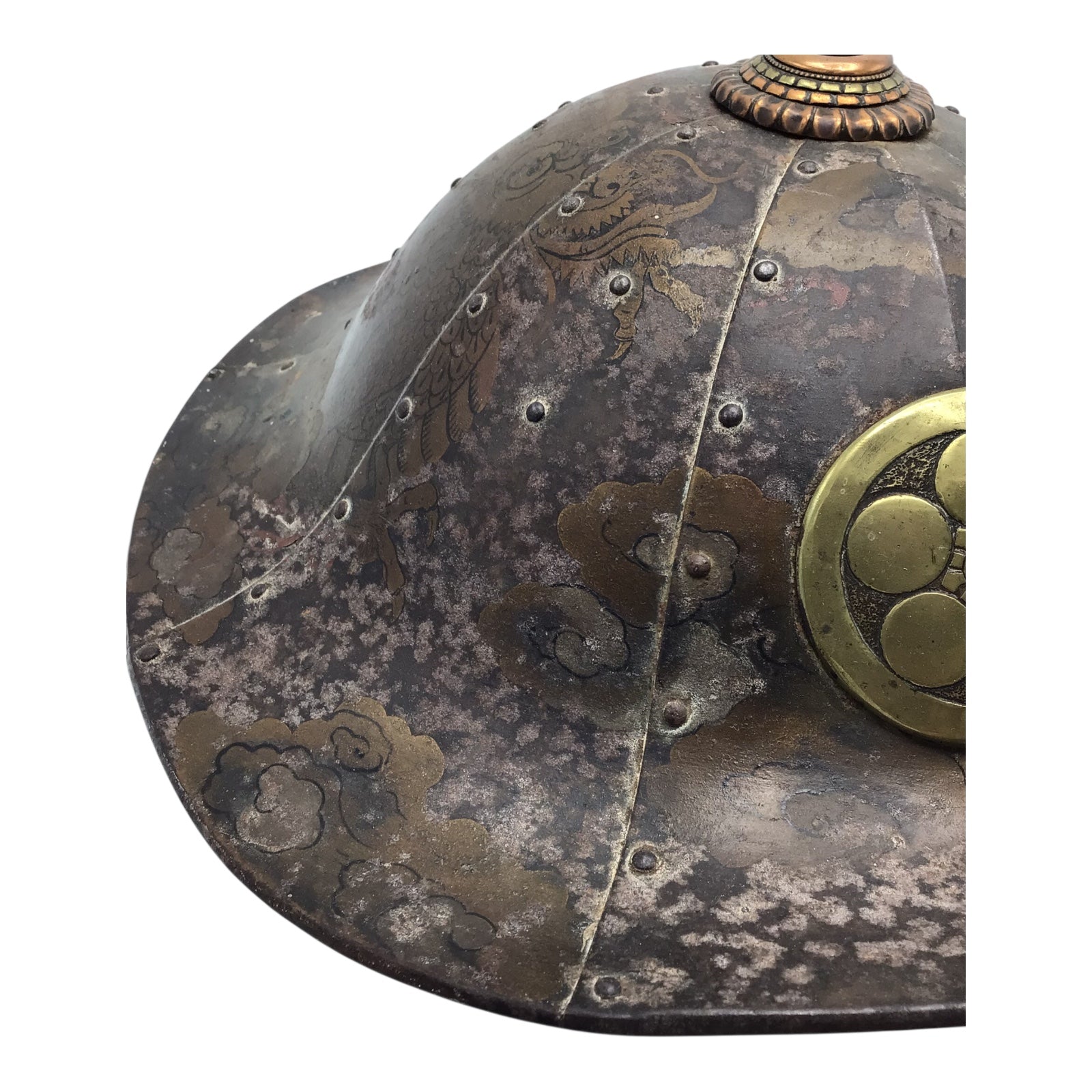 Rare Japanese Early Edo Period Samurai Jingasa Kabuto Hat with Hand Painted Detail