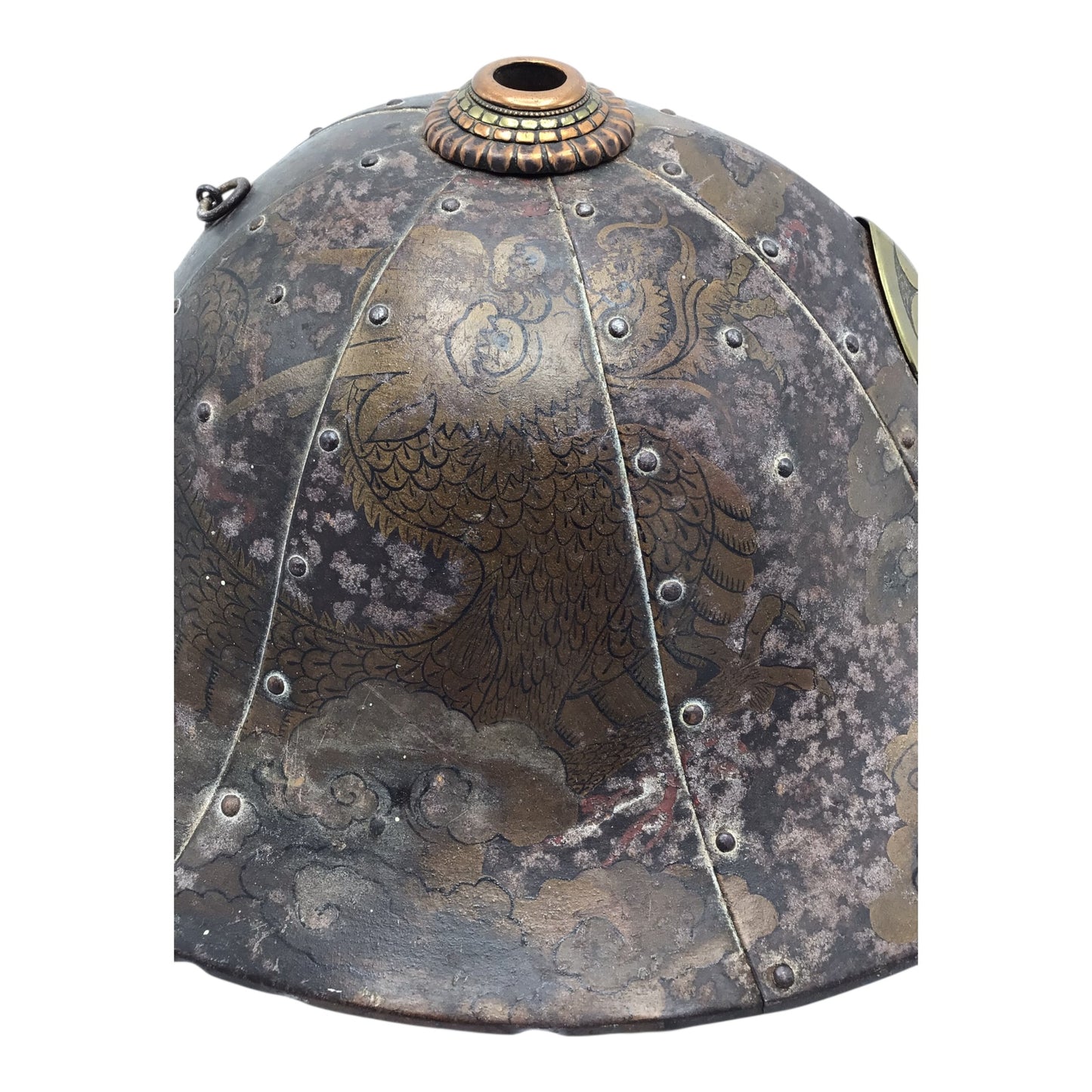Rare Japanese Early Edo Period Samurai Jingasa Kabuto Hat with Hand Painted Detail