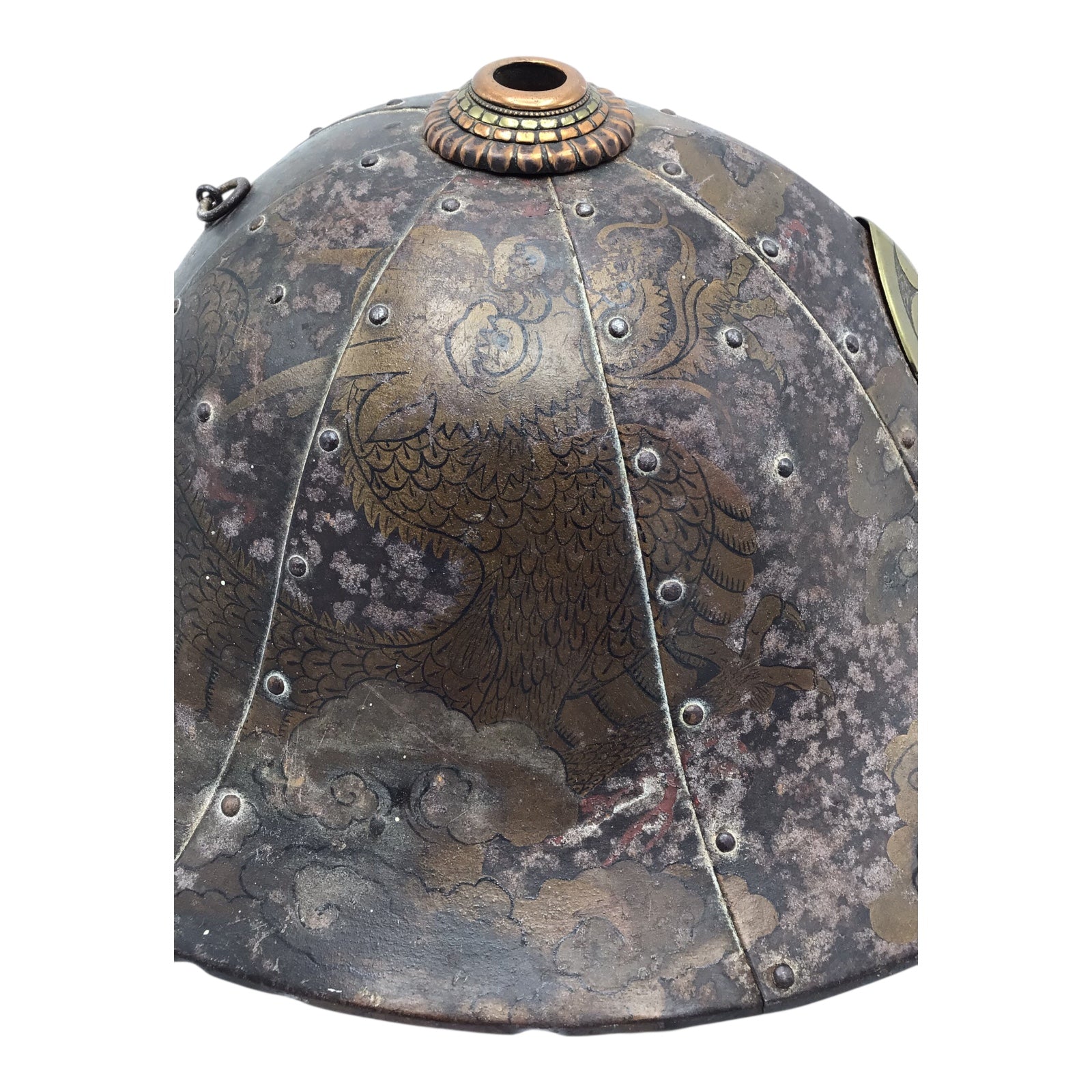 Rare Japanese Early Edo Period Samurai Jingasa Kabuto Hat with Hand Painted Detail