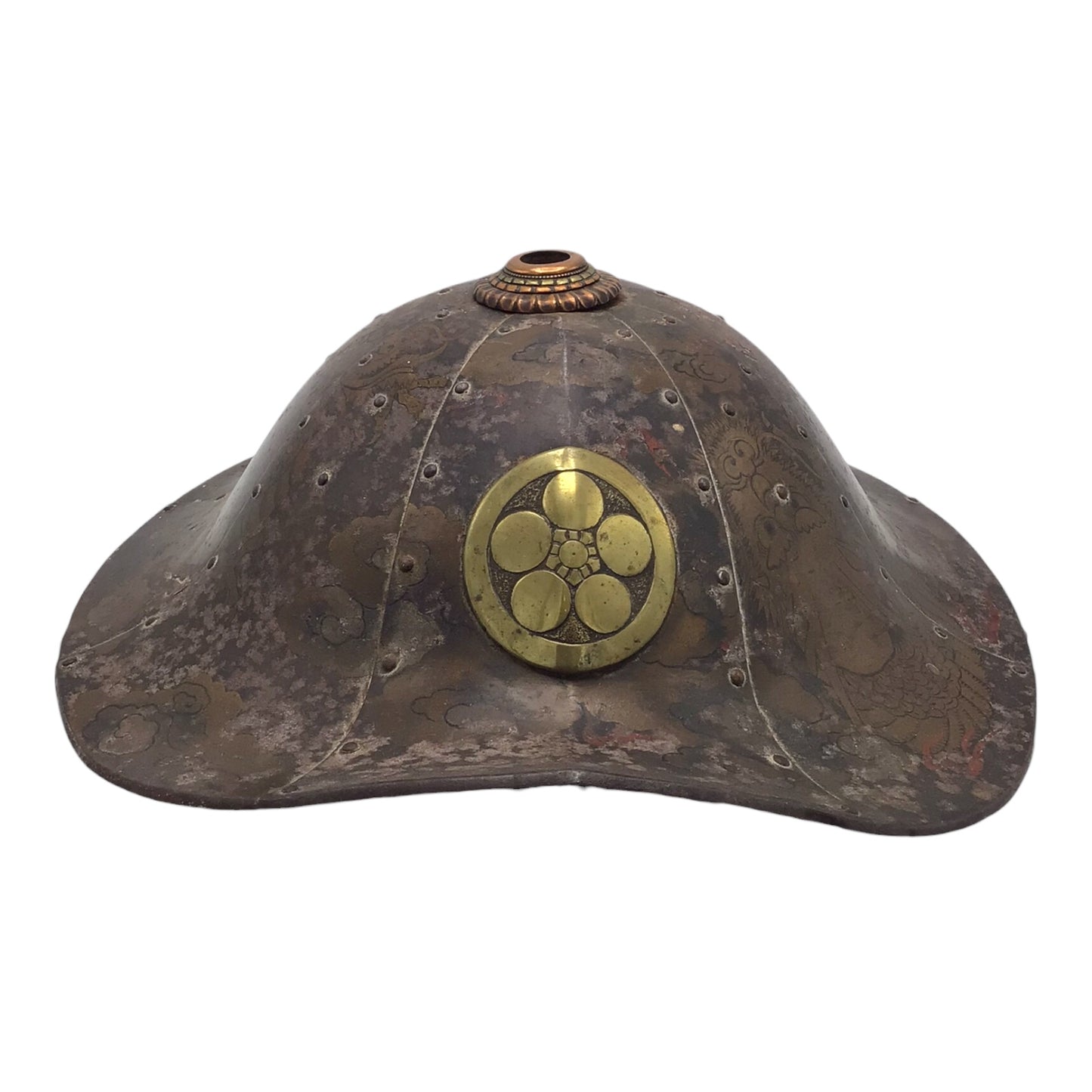 Rare Japanese Early Edo Period Samurai Jingasa Kabuto Hat with Hand Painted Detail