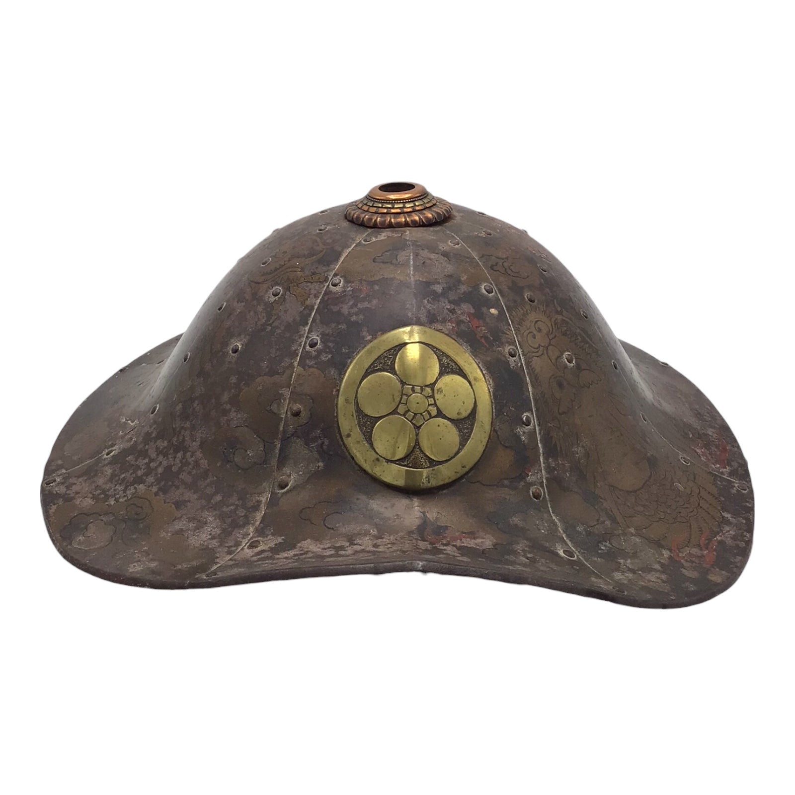 Rare Japanese Early Edo Period Samurai Jingasa Kabuto Hat with Hand Painted Detail