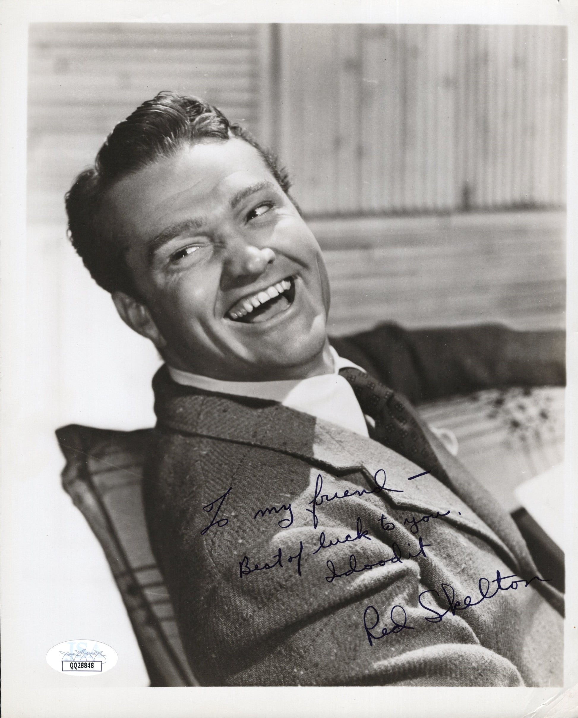 Red Skelton Signed Photo 8x10 B&W Personalized "To my friend - Best of luck to you. I dood it" JSA Certified Authentic QQ28848