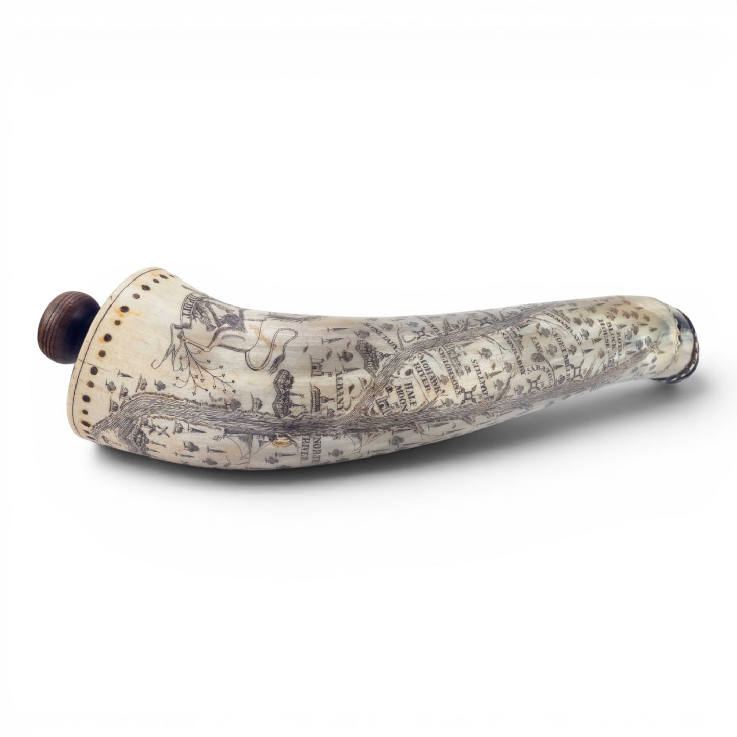 Revolutionary War Period Carved Scrimshaw Powder Horn