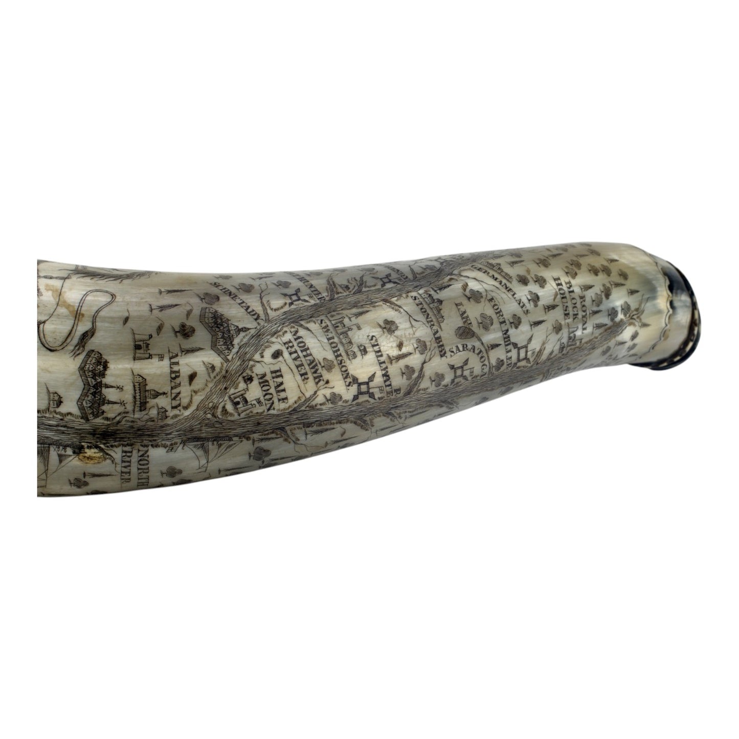 Revolutionary War Period Carved Scrimshaw Powder Horn