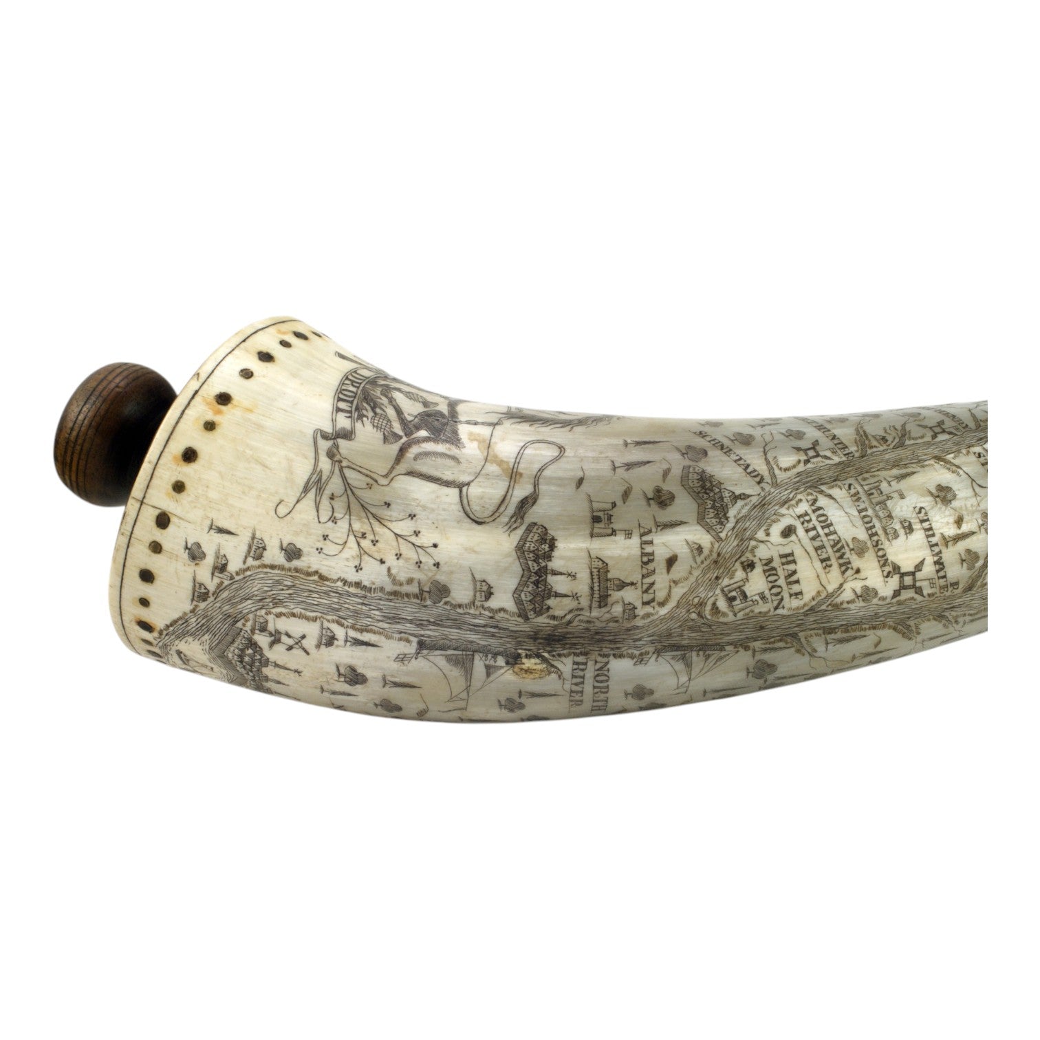 Revolutionary War Period Carved Scrimshaw Powder Horn