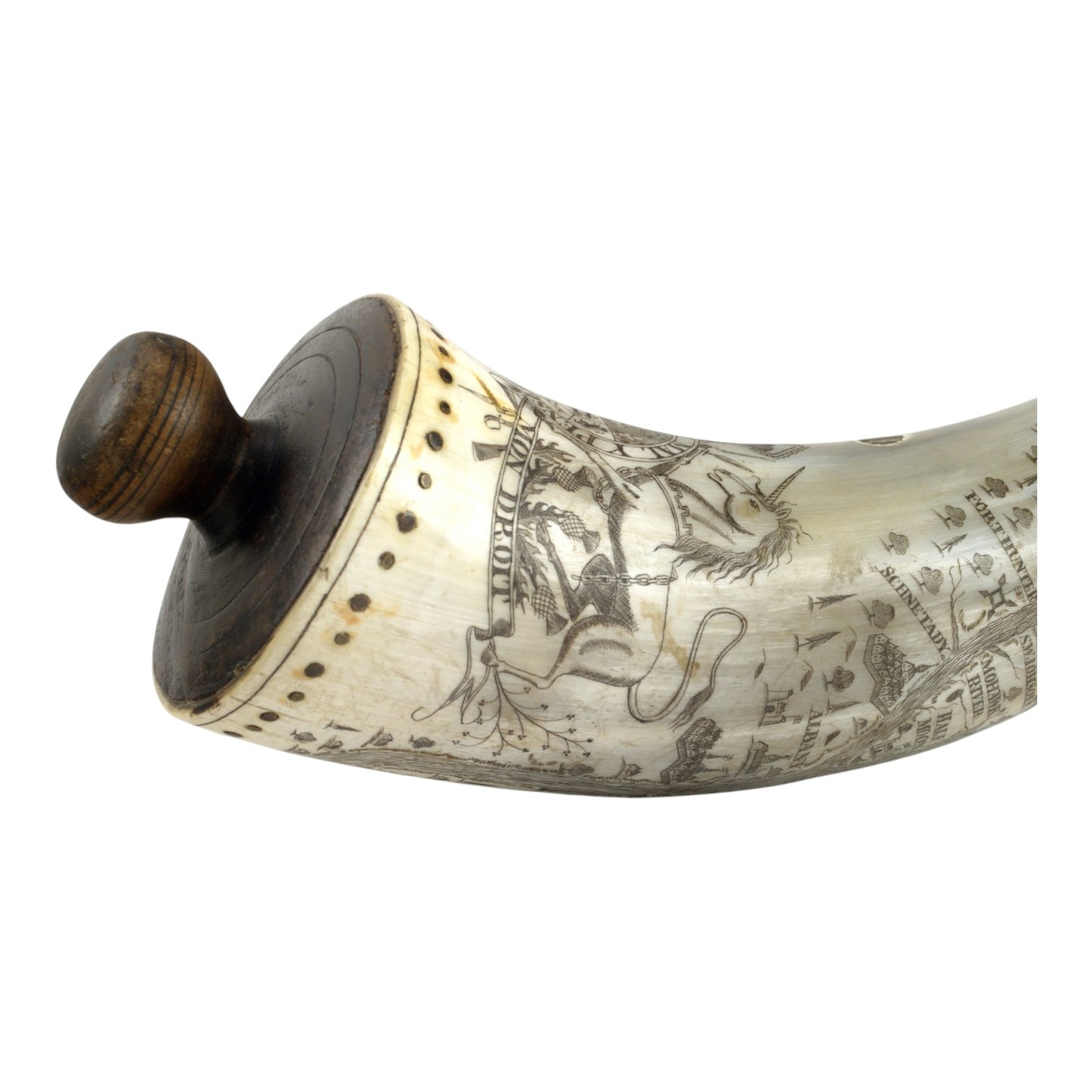 Revolutionary War Period Carved Scrimshaw Powder Horn