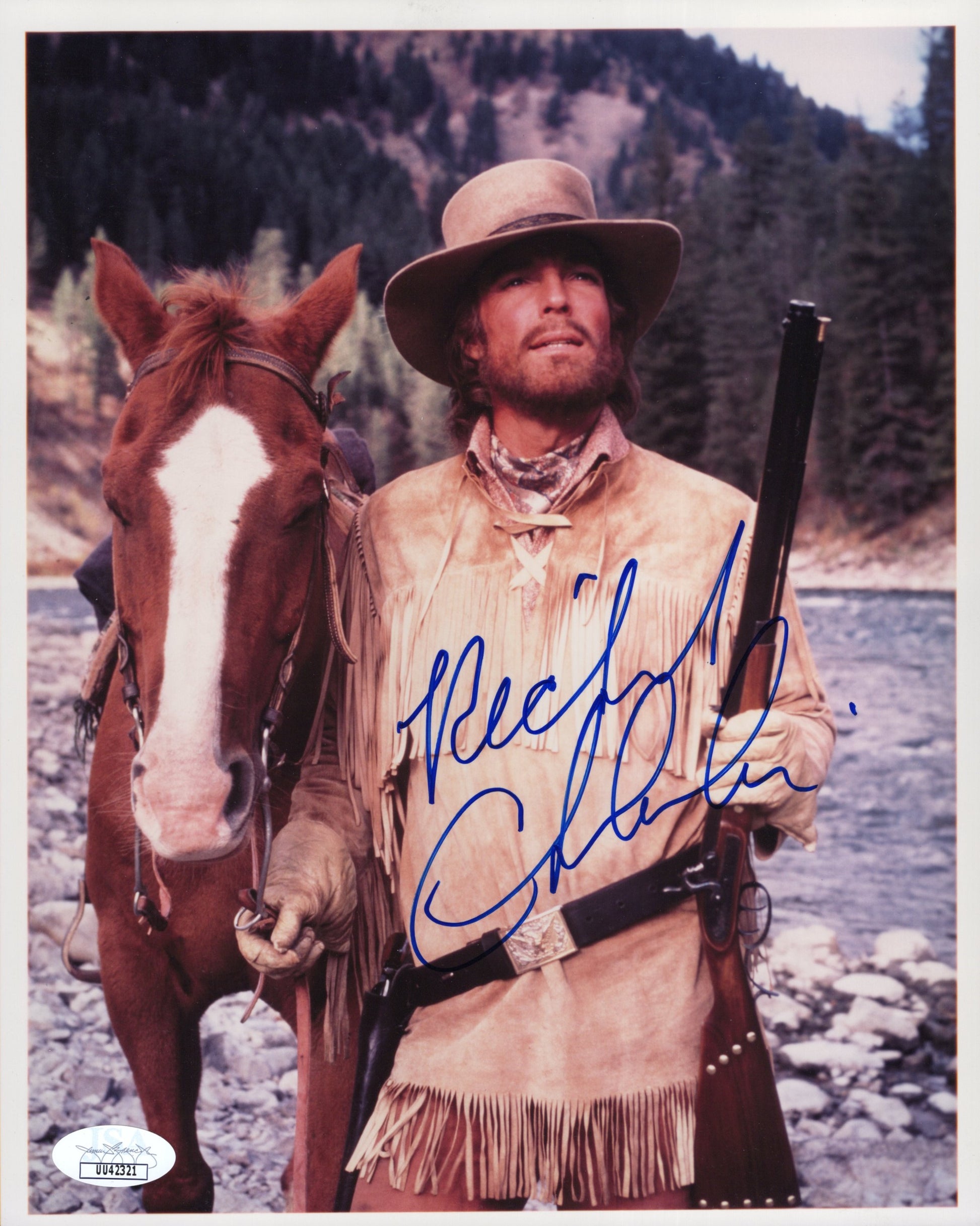 Richard Chamberlain Signed Photo 8x10, Richard Chamberlain Autopgraph in Fringed Buckskin Jacket, Rifle, and Horse, JSA and PSA Letter Double Certified Authentic UU42321