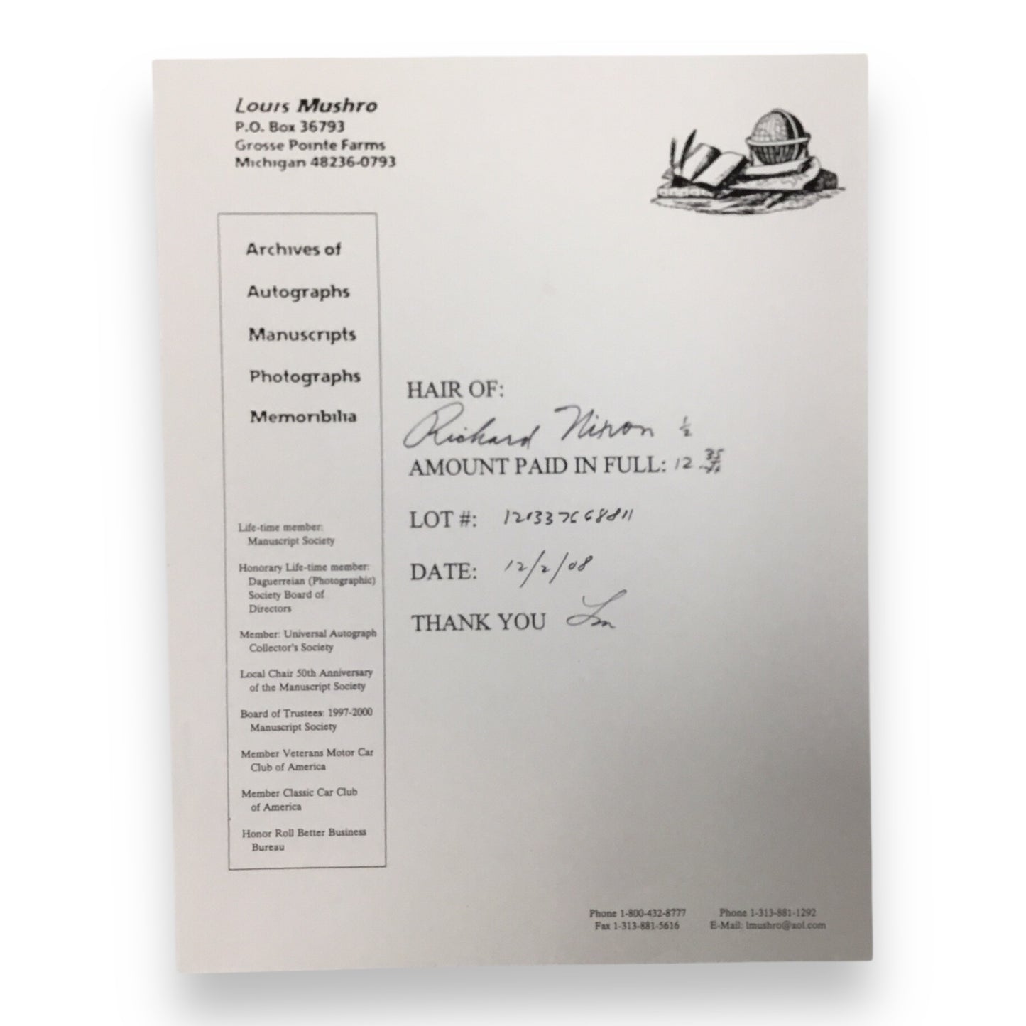 Richard Nixon Hair Clipping with Certificate of Authenticity