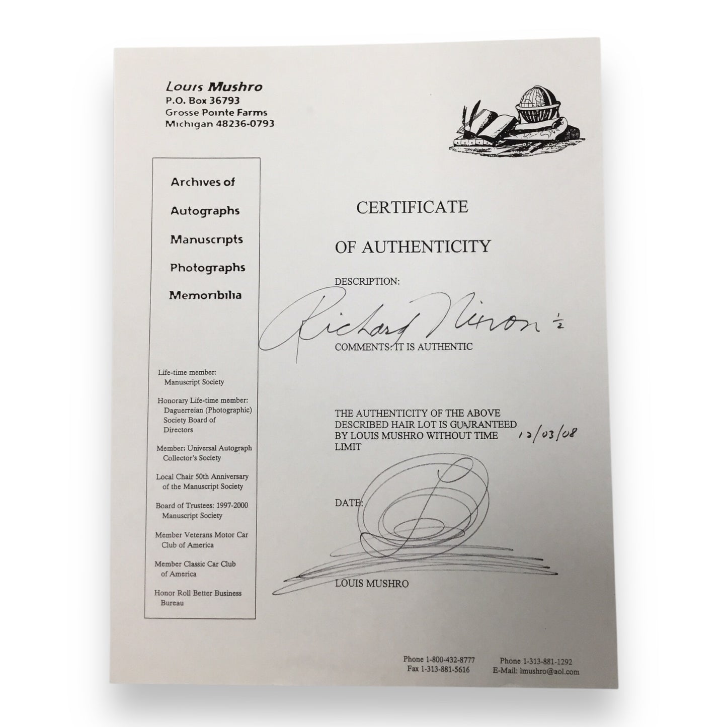 Richard Nixon Hair Clipping with Certificate of Authenticity