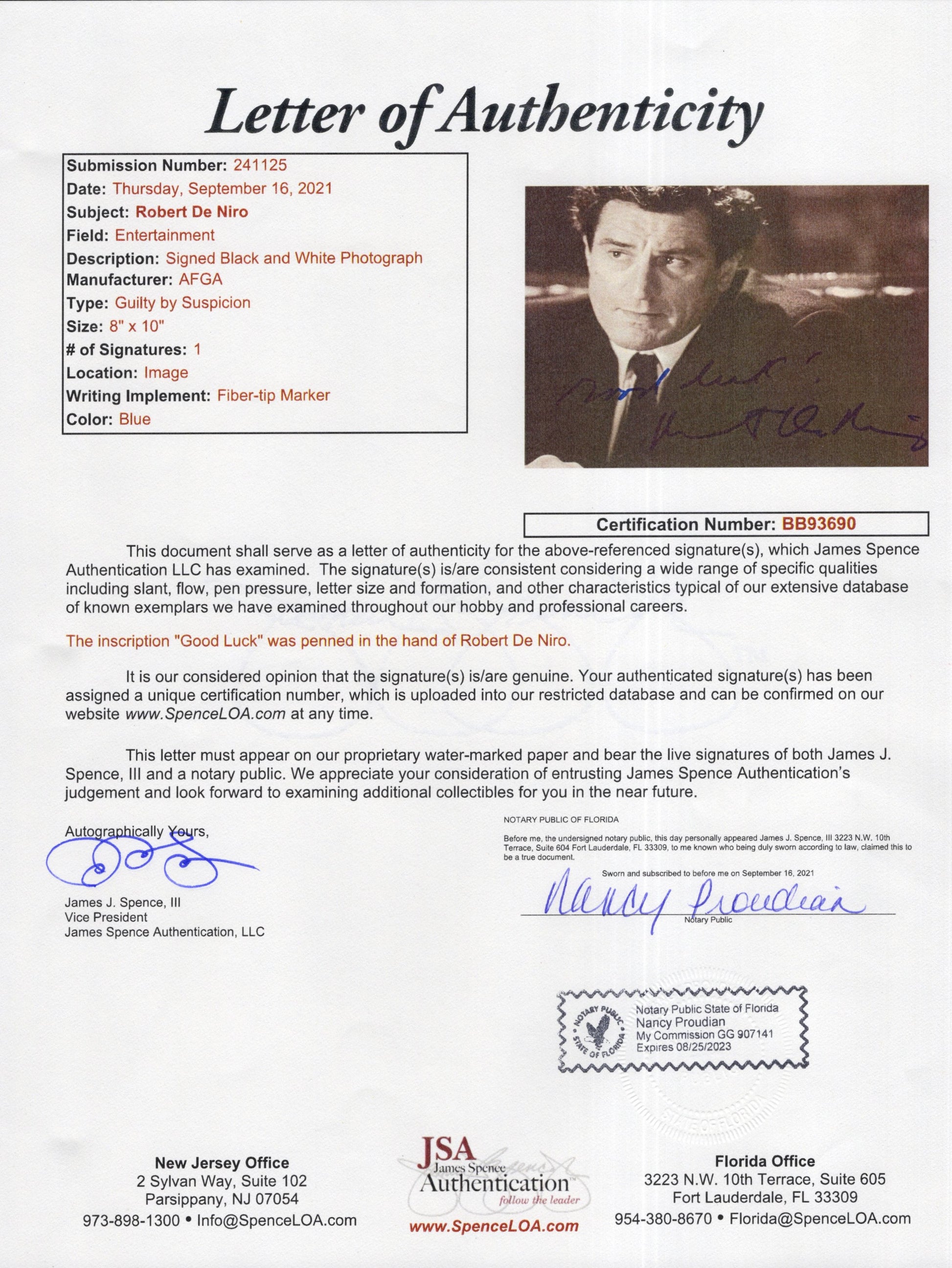 Robert De Niro Signed Photo 8x10, Robert De Niro Autograph in Guilty by Suspicion, JSA Letter Certified Authentic BB93690